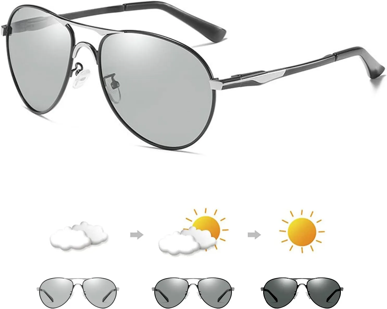 Photochromic Polarized Aviator Sunglasses For Men Women Spring Hinge Anti Glare UV400 Night Vision Driving Glasses