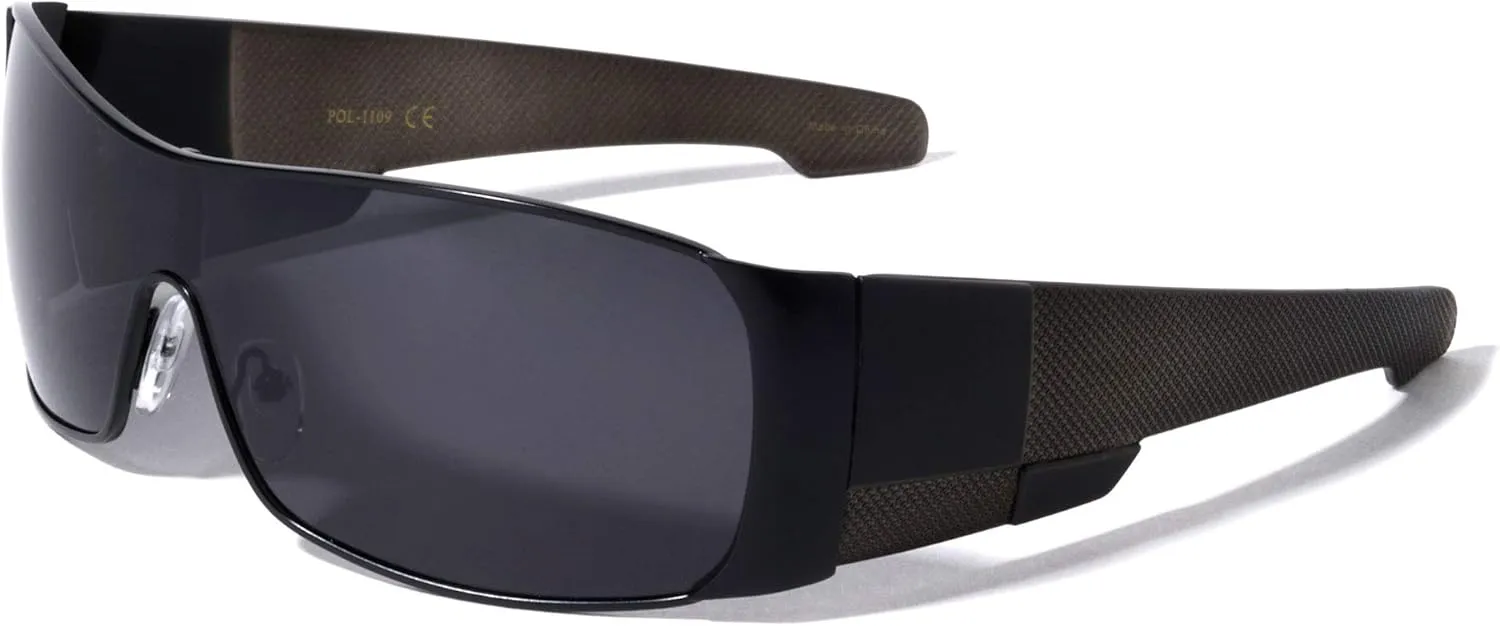 Polarized Texture Checkers Temple Curved One Piece Shield Lens Sunglasses