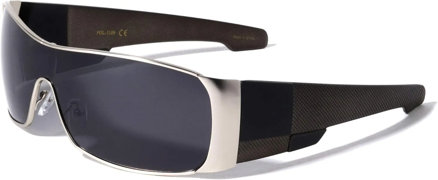 Polarized Texture Checkers Temple Curved One Piece Shield Lens Sunglasses
