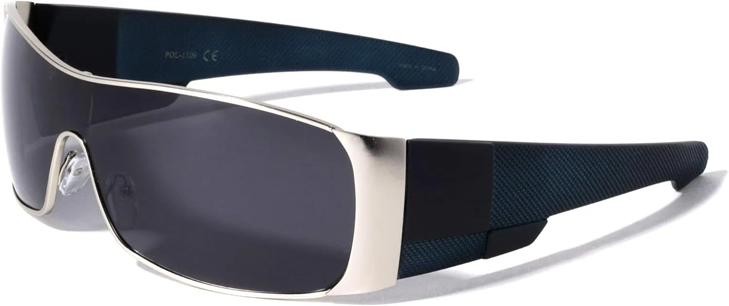 Polarized Texture Checkers Temple Curved One Piece Shield Lens Sunglasses