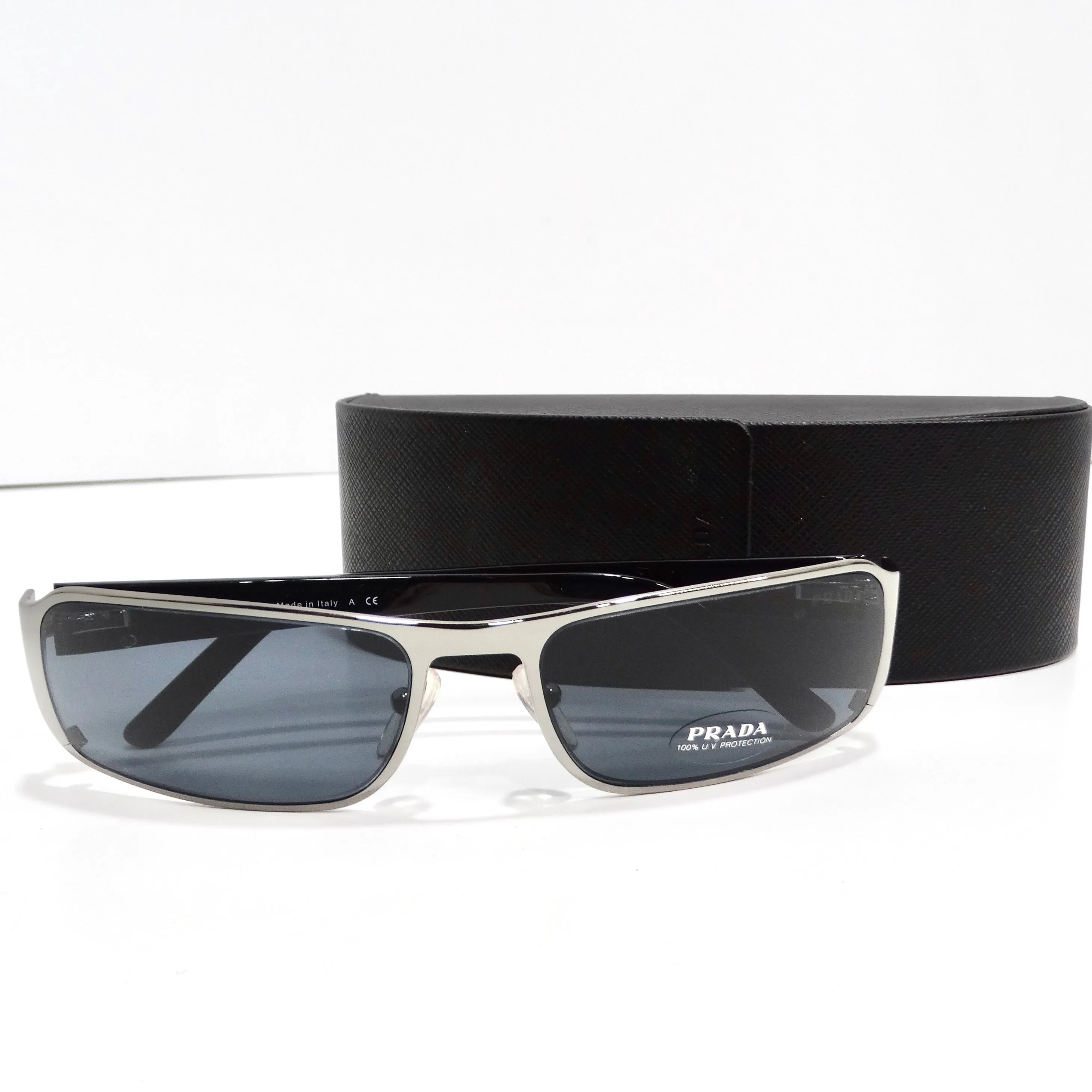 Prada 1990s Silver Tone Rectangular Frame Sunglasses