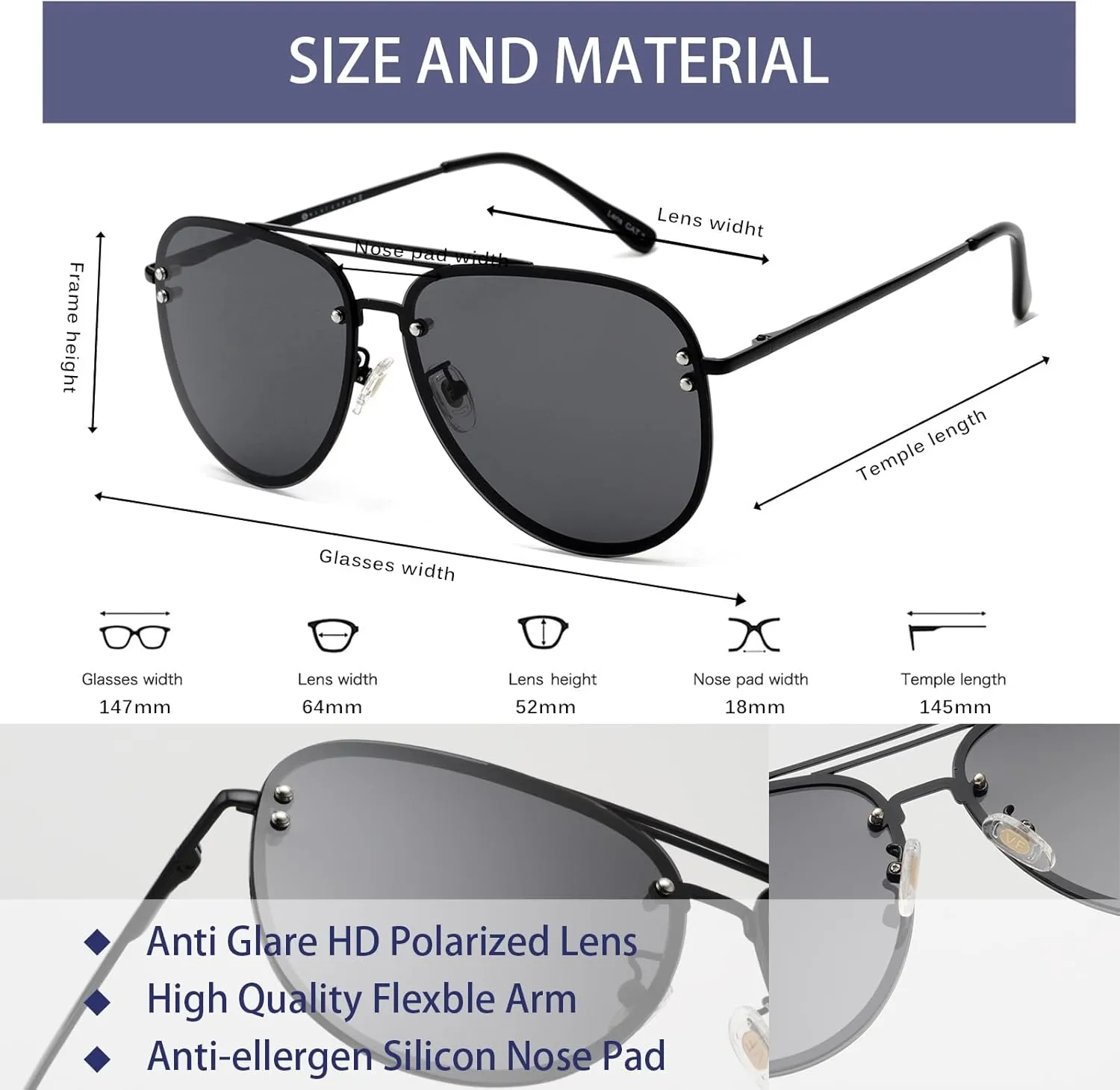 Premium Rimless Oversized Aviator Sunglasses for Women, Polarized PC Lens UV Protection Womens Shade VF2203