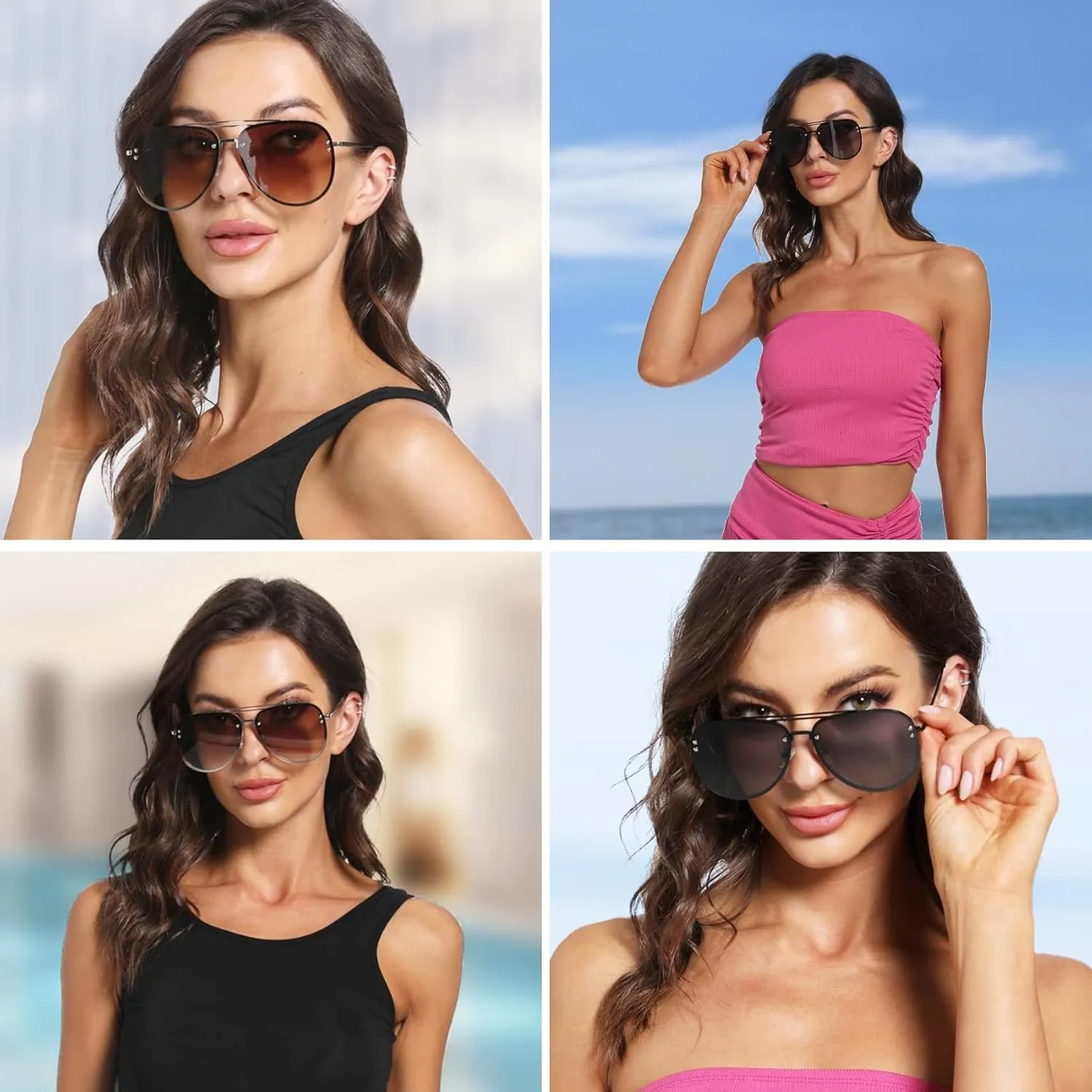 Premium Rimless Oversized Aviator Sunglasses for Women, Polarized PC Lens UV Protection Womens Shade VF2203