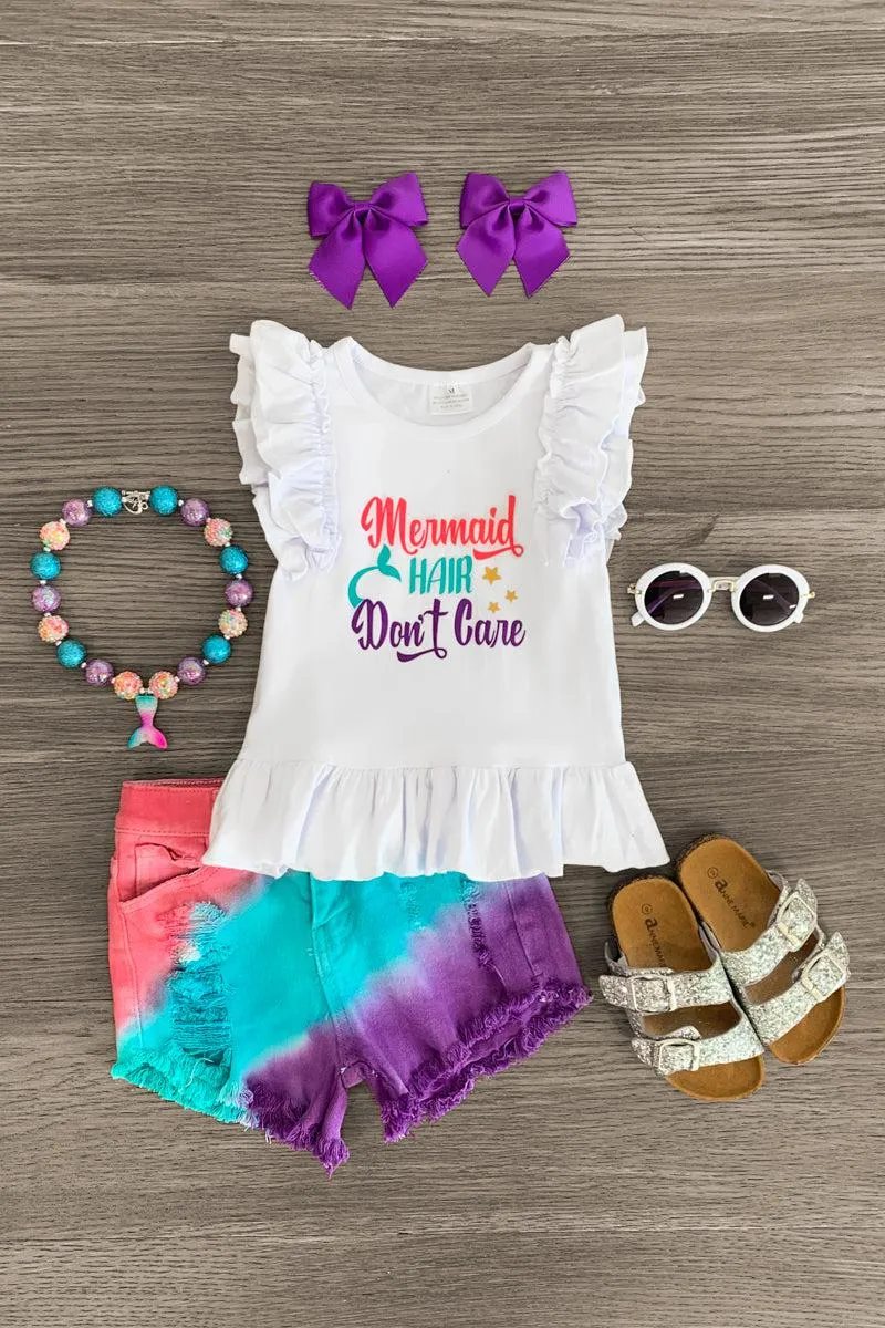 "Mermaid Hair Don't Care" Distressed Denim Short Set