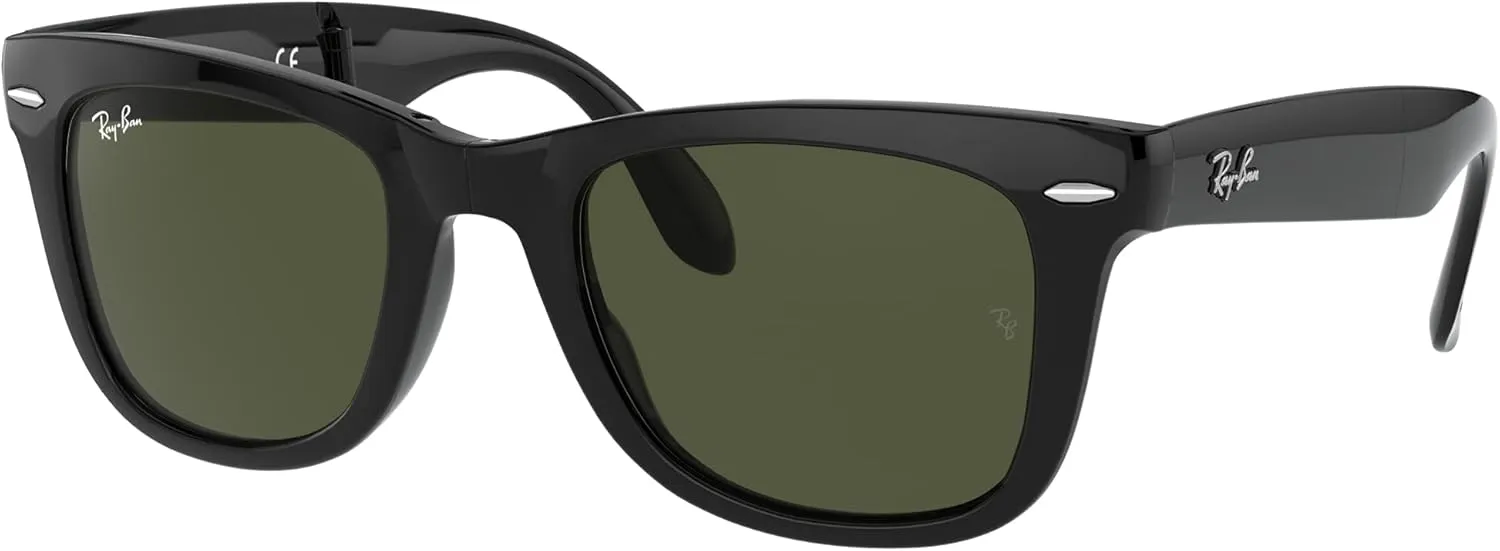 Ray-Ban Men's RB4105 601 Folding Wayfarer Square Sunglasses, Black & Crystal Green, 50 mm