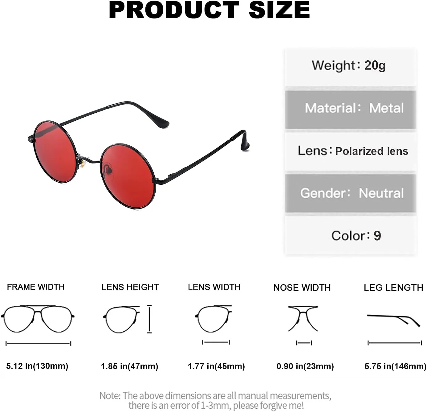 Red Lens Circle Glasses Small Round Polarized Sunglasses for Women Men Retro Hippie Style Circle Sun Glasses
