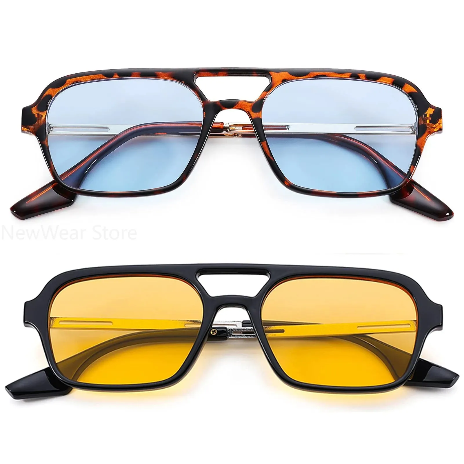 Retro Double Bridges Women Pilot Sunglasses Pink Gradient Stylish Hollow Leopard Design Blue Sun Glasses