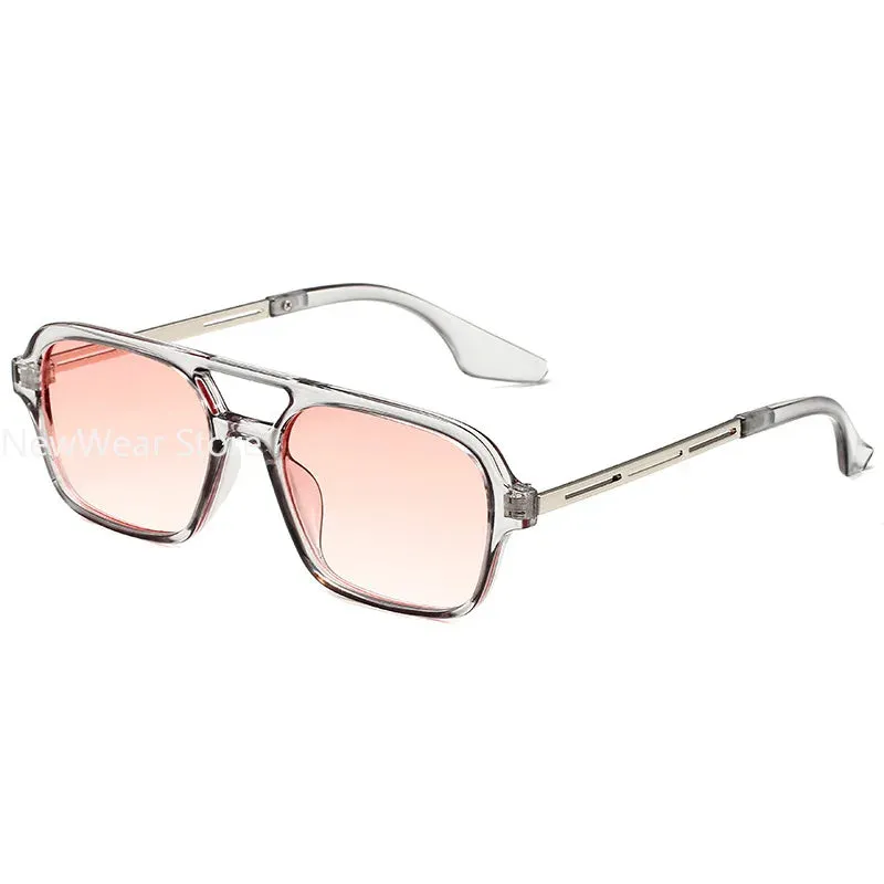 Retro Double Bridges Women Pilot Sunglasses Pink Gradient Stylish Hollow Leopard Design Blue Sun Glasses