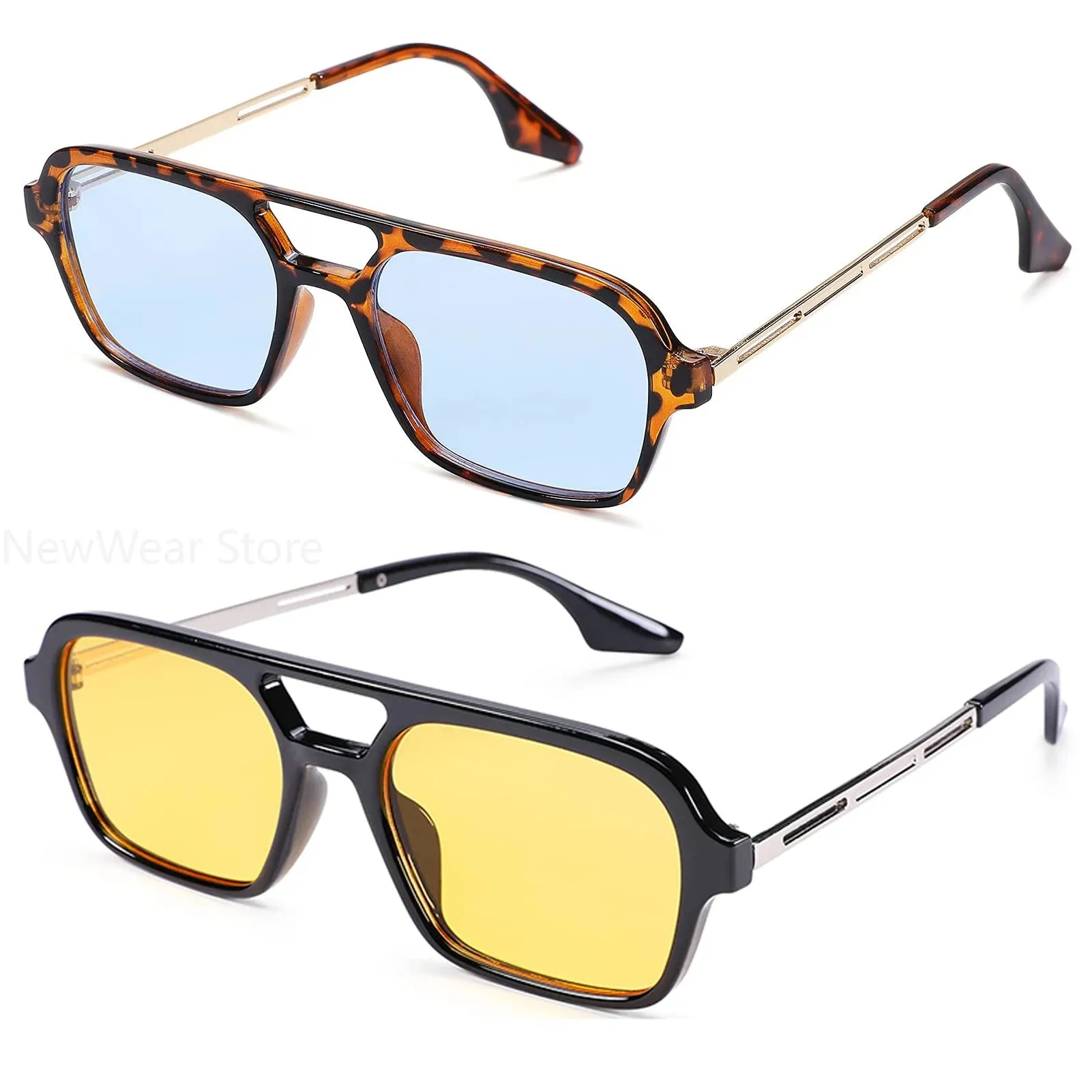 Retro Double Bridges Women Pilot Sunglasses Pink Gradient Stylish Hollow Leopard Design Blue Sun Glasses