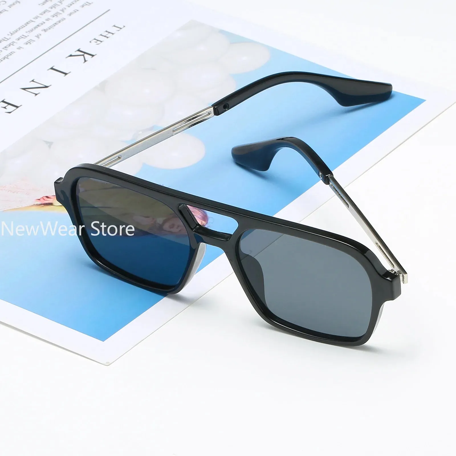 Retro Double Bridges Women Pilot Sunglasses Pink Gradient Stylish Hollow Leopard Design Blue Sun Glasses