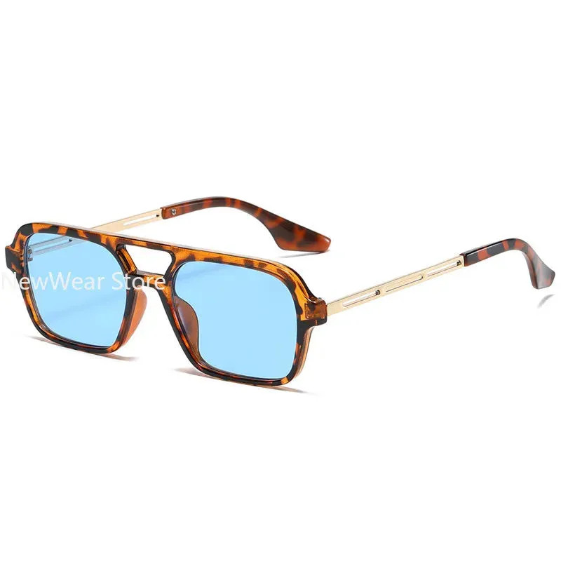 Retro Double Bridges Women Pilot Sunglasses Pink Gradient Stylish Hollow Leopard Design Blue Sun Glasses