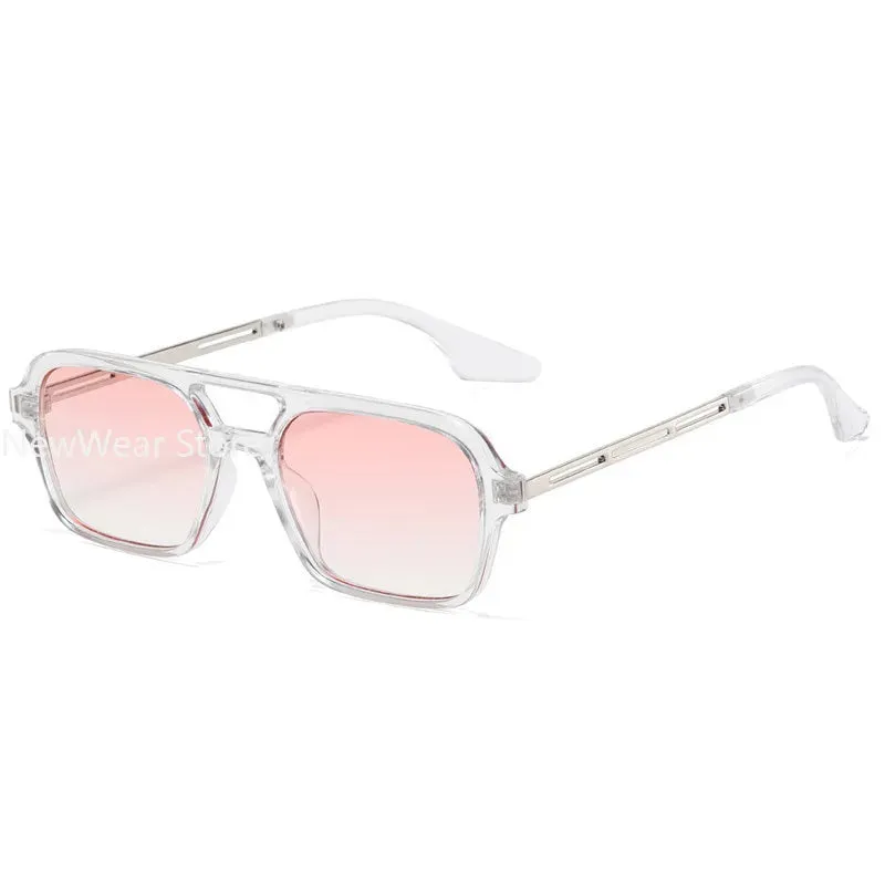 Retro Double Bridges Women Pilot Sunglasses Pink Gradient Stylish Hollow Leopard Design Blue Sun Glasses