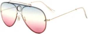 Rimless One Piece Shield Triple Oceanic Color Lens Aviator Sunglasses