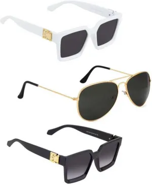 RMKK Retro Square, Aviator Sunglasses (For Men & Women, Black, Black, Black)
