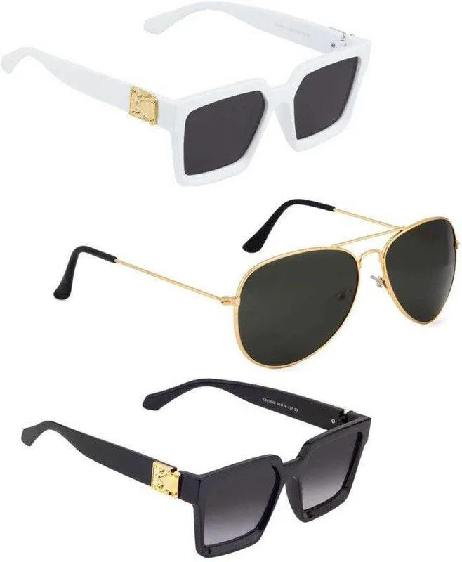 RMKK Retro Square, Aviator Sunglasses (For Men & Women, Black, Black, Black)