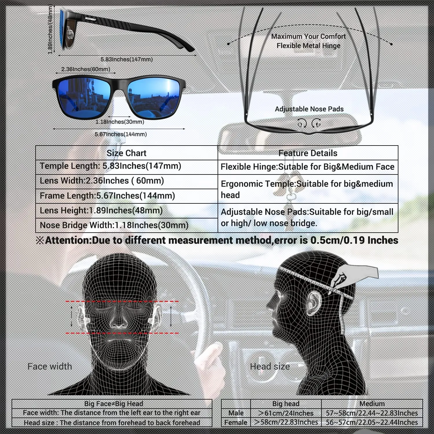 ROCKNIGHT HD Polarized Driving Sunglasses UV400 Protection Lightweight Al-Mg Metal Frame Outdoor Casual 60mm