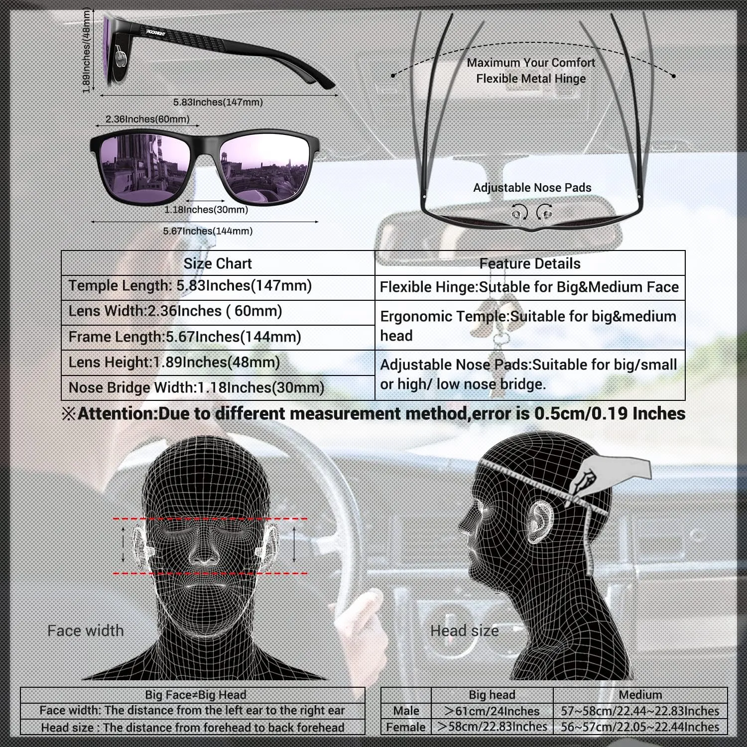 ROCKNIGHT HD Polarized Driving Sunglasses UV400 Protection Lightweight Al-Mg Metal Frame Outdoor Casual 60mm