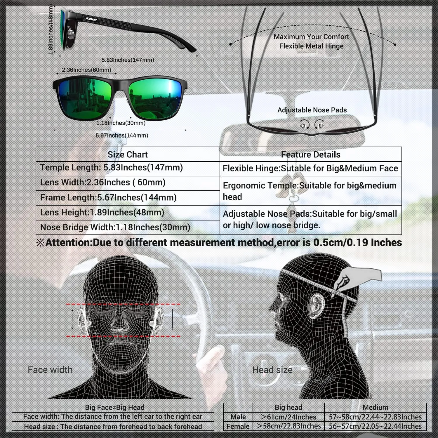 ROCKNIGHT HD Polarized Driving Sunglasses UV400 Protection Lightweight Al-Mg Metal Frame Outdoor Casual 60mm