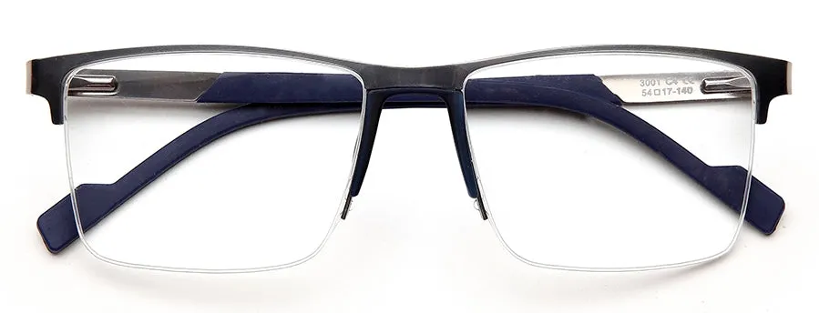 Silver Blue/Black Square Frame Glasses for Unisex in Half Rim Metal Frame
