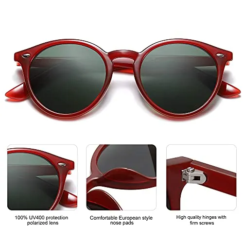 SOJOS Retro Round Polarized Sunglasses for Women Men Circle Frame UV400 Lenses SJ2069, Dark Red/Green