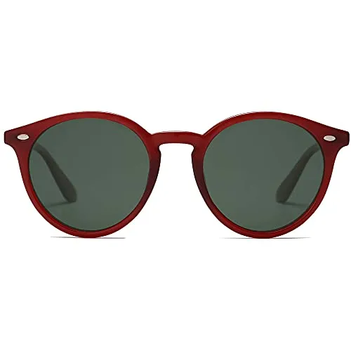 SOJOS Retro Round Polarized Sunglasses for Women Men Circle Frame UV400 Lenses SJ2069, Dark Red/Green