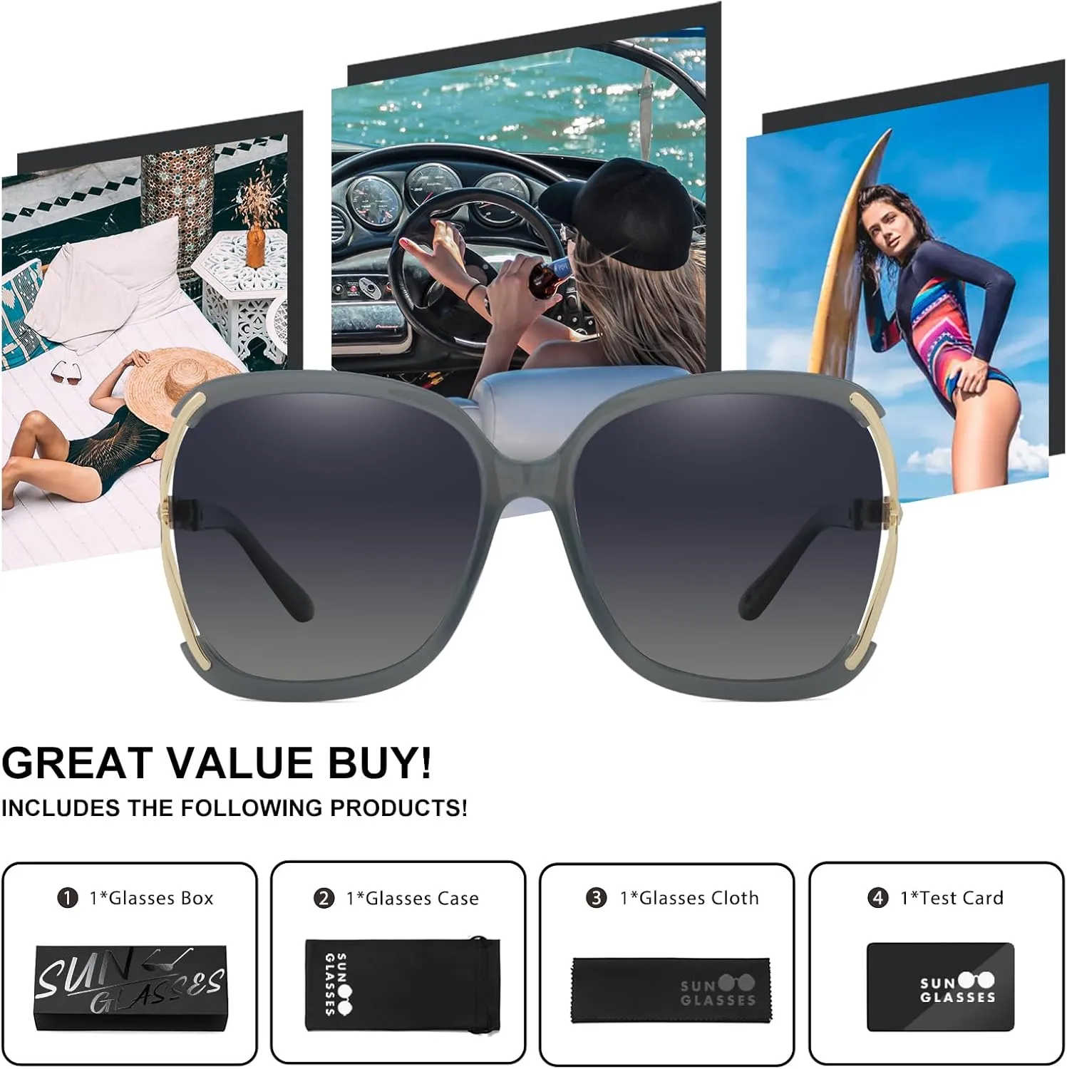 Sunglasses Womens Trendy,Oversized Square Shades,Classic Metal Frame Diamond Shiny Sun Glasses