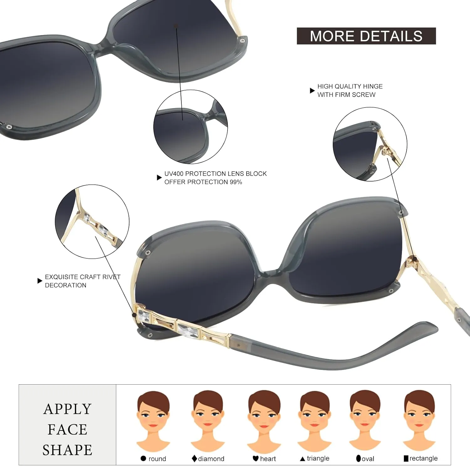Sunglasses Womens Trendy,Oversized Square Shades,Classic Metal Frame Diamond Shiny Sun Glasses