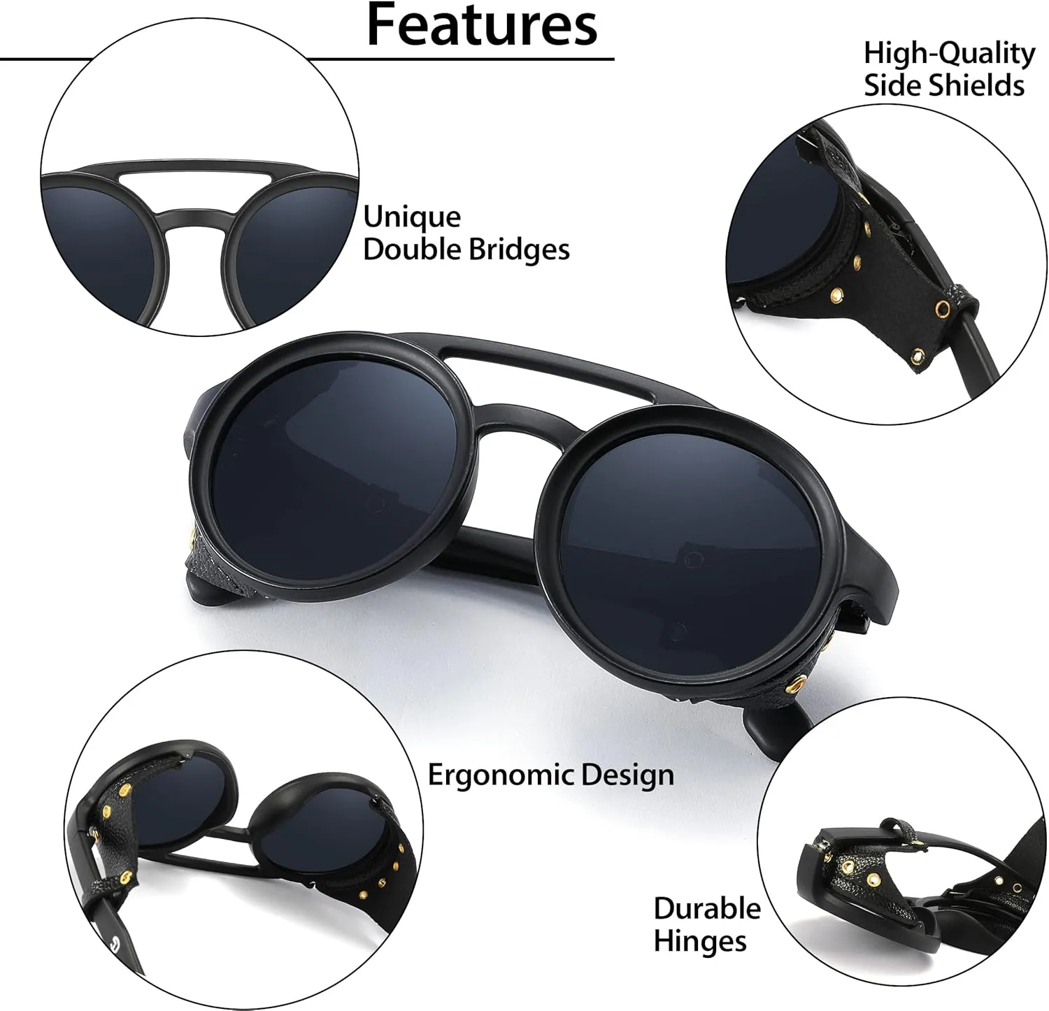 Technigadgets Finnegan Steampunk Retro Sunglasses Men Women with Leather Side Shield Double Bridge Plastic Frame Mens Gift