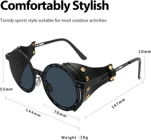 Technigadgets Julian Steampunk Sunglasses Retro Round Metal Frame With Leather Sideshield Mirrored Eyeglasses Mens Gift
