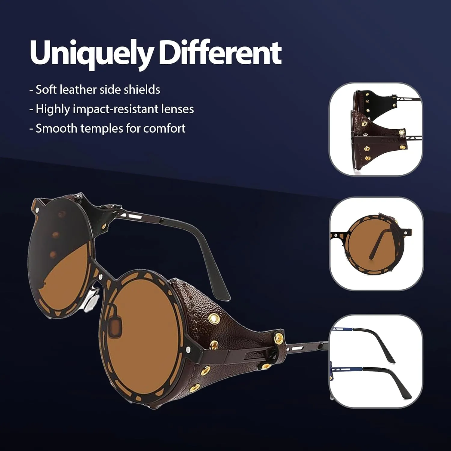 Technigadgets Julian Steampunk Sunglasses Retro Round Metal Frame With Leather Sideshield Mirrored Eyeglasses Mens Gift