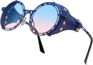 Technigadgets Julian Steampunk Sunglasses Retro Round Metal Frame With Leather Sideshield Mirrored Eyeglasses Mens Gift