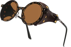 Technigadgets Julian Steampunk Sunglasses Retro Round Metal Frame With Leather Sideshield Mirrored Eyeglasses Mens Gift