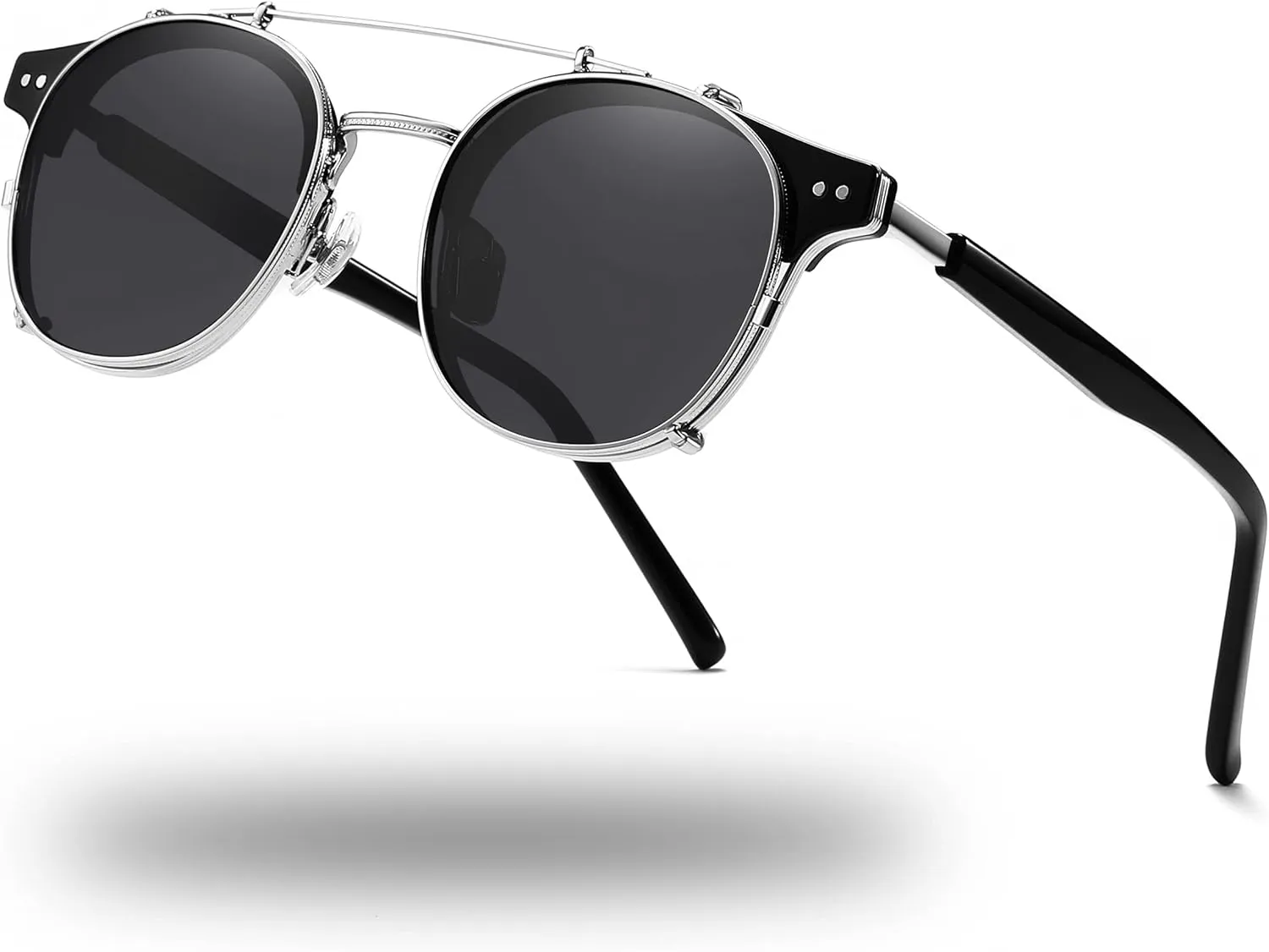 Technigadgets Pedro Steampunk Double Lens Clip On Men Sunglasses Retro Polarized Double Bridge Metal Frame UV 400 Protection