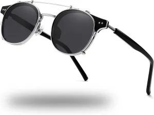 Technigadgets Pedro Steampunk Double Lens Clip On Men Sunglasses Retro Polarized Double Bridge Metal Frame UV 400 Protection