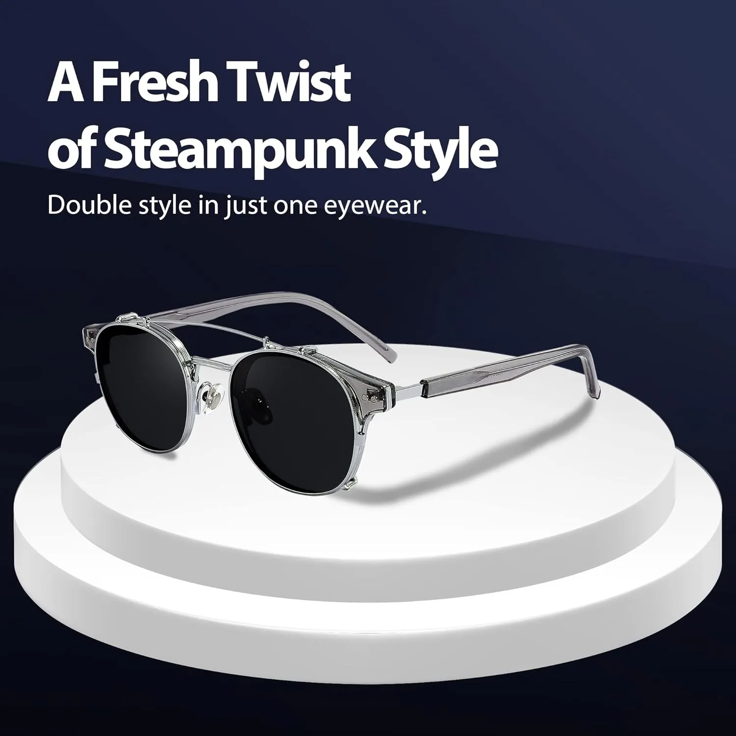 Technigadgets Pedro Steampunk Double Lens Clip On Men Sunglasses Retro Polarized Double Bridge Metal Frame UV 400 Protection