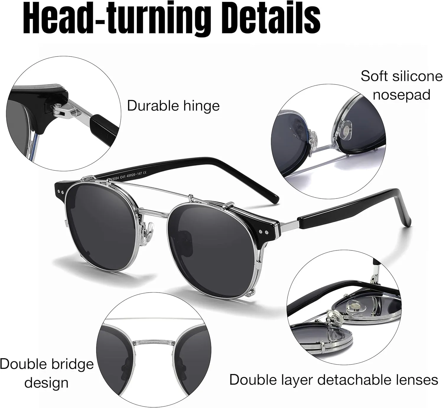 Technigadgets Pedro Steampunk Double Lens Clip On Men Sunglasses Retro Polarized Double Bridge Metal Frame UV 400 Protection