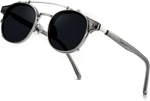 Technigadgets Pedro Steampunk Double Lens Clip On Men Sunglasses Retro Polarized Double Bridge Metal Frame UV 400 Protection