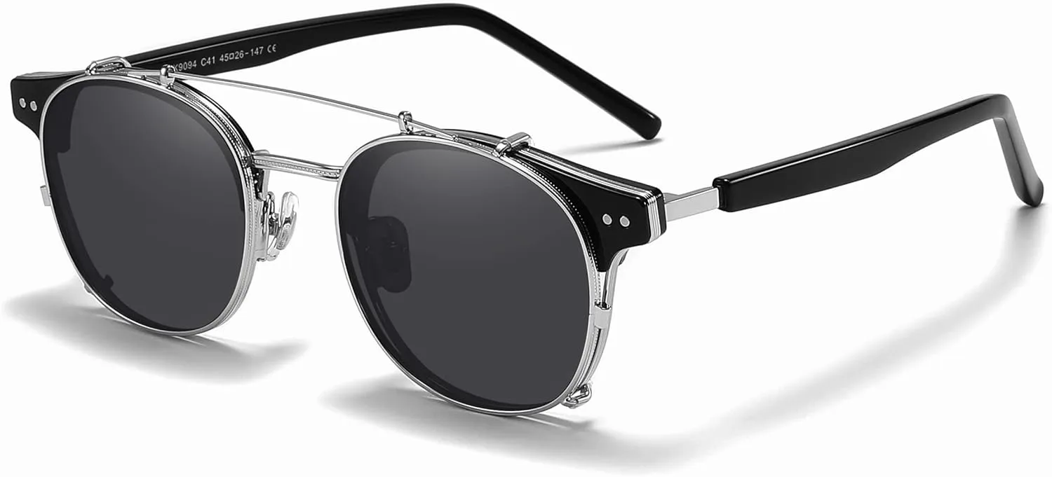 Technigadgets Pedro Steampunk Double Lens Clip On Men Sunglasses Retro Polarized Double Bridge Metal Frame UV 400 Protection