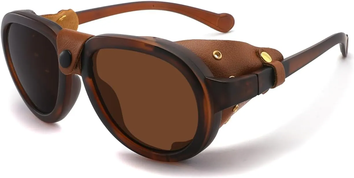 Technigadgets Steve Retro Aviator Sunglasses With Leather Sideshield Polarized Sunglasses For Men Women UV400