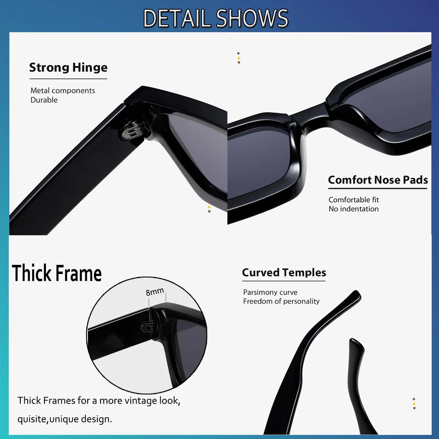 Thick Square Frame Sunglasses for Women Men Retro Chunky Rectangle Sun Glasses Fashion Black Shades