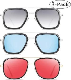 Tony Stark Sunglasses 3 Pack Sunglasses for Men Women Vintage Aviator Square Metal Frame Spider Man Glasses