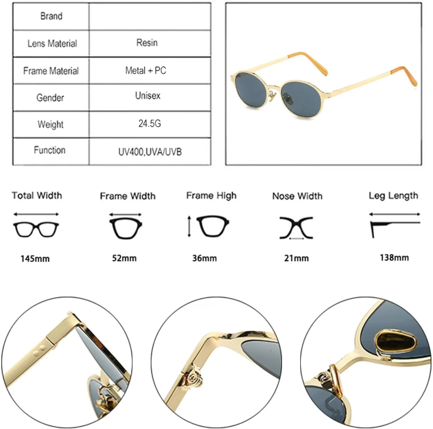 Vintage Classic Women Small Oval Metal Frame Sunglasses Fashion Rivets Men Punk Shades Uv400 Sun Glasses