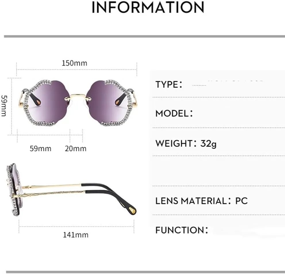 Vintage Fashion Diamond Women Oversized Sunglasses Rimless Frame Sun Glasses Shades UV400 Eyeglasses