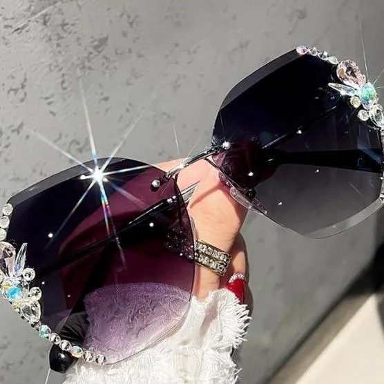 Vintage Rimless Sunglasses Women Retro Cutting Lens Gradient Sunglass