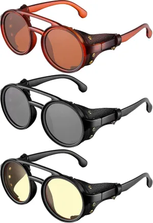 Weewooday 3 Pairs Retro Round Steampunk Sunglasses with Faux Leatherwear for Men Women (Vintage Color)