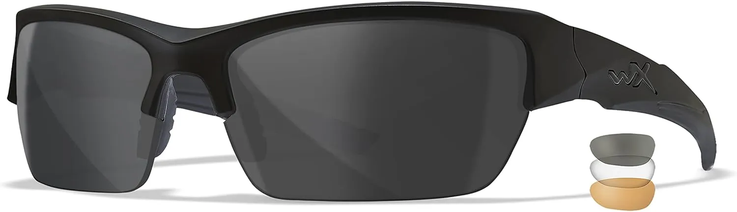 Wiley X WX Valor Tactical Sunglasses, Safety Glasses Shatterproof UV Eye Protection for Combat Shooting Matte Black Frames, Grey, Clear, and Light Rust Tinted Lenses, Ballistic Rated