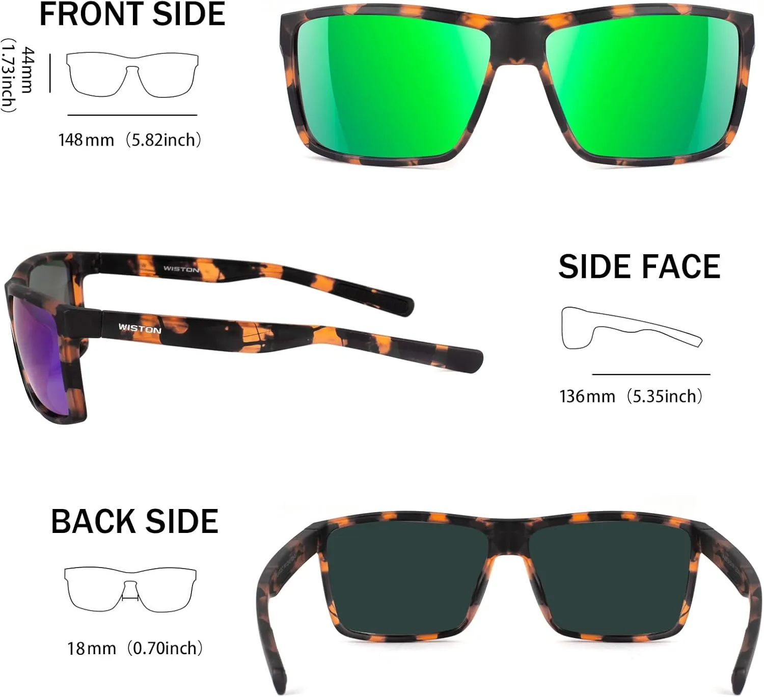 WISTON Polarized Sunglasses for Men Women Large Rectangular Classic UV400 Protection Driving Fishing Shades Sun Glasses