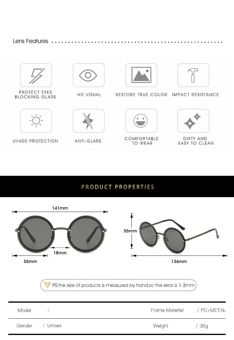 Women's Luxury Round Designer Rimless Sunglasses with Pearl Chain