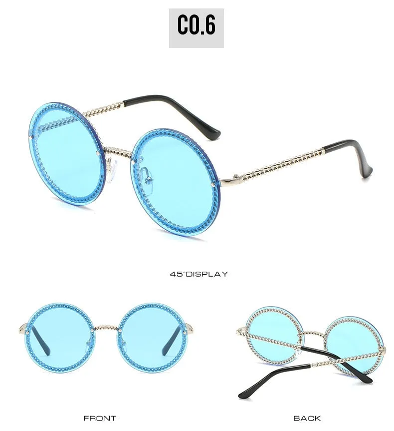 Women's Luxury Round Designer Rimless Sunglasses with Pearl Chain