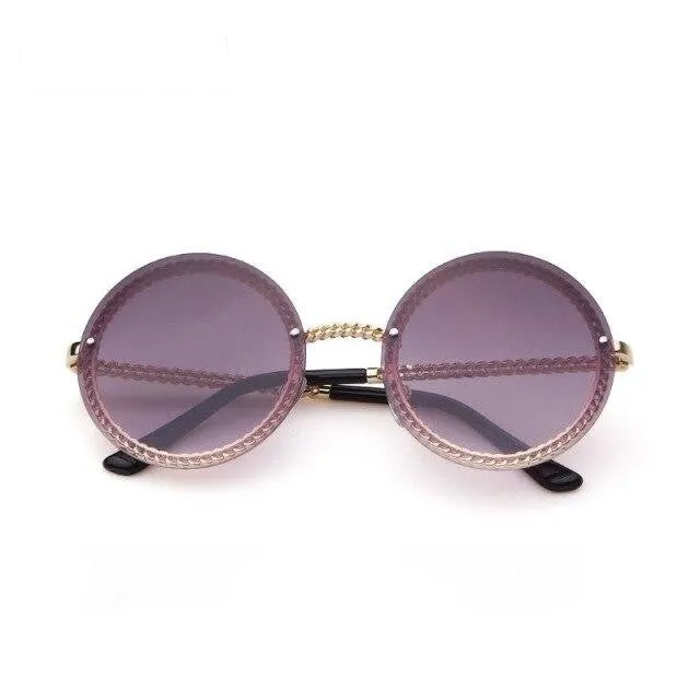Women's Luxury Round Designer Rimless Sunglasses with Pearl Chain